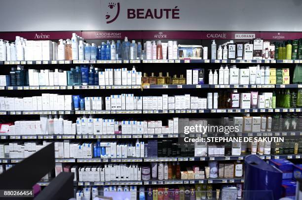 Cosmetics are displayed at a pharmacy in Paris on November 27, 2017.