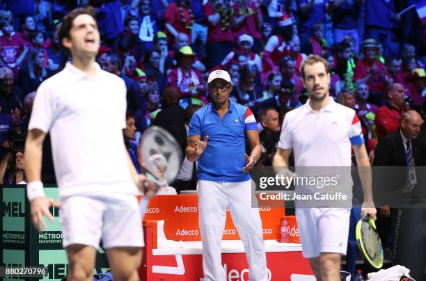 Captain of France Yannick Noah, Pierre-Hughes Herbert, Richard Gasquet during the doubles match on day 2 of the Davis Cup World Group final between...