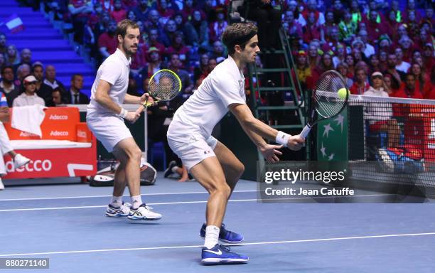 Richard Gasquet, Pierre-Hughes Herbert of France during the doubles match on day 2 of the Davis Cup World Group final between France and Belgium at...