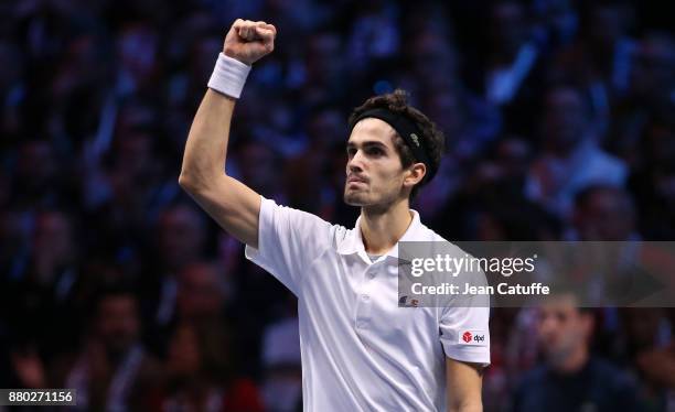 Pierre-Hughes Herbert of France during the doubles match on day 2 of the Davis Cup World Group final between France and Belgium at Stade Pierre...