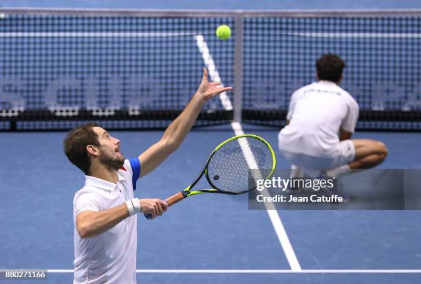 Richard Gasquet, Pierre-Hughes Herbert of France during the doubles match on day 2 of the Davis Cup World Group final between France and Belgium at...