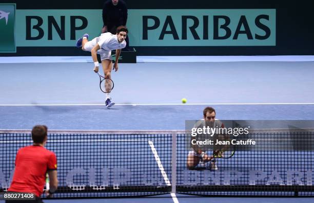 Pierre-Hughes Herbert, Richard Gasquet of France during the doubles match on day 2 of the Davis Cup World Group final between France and Belgium at...