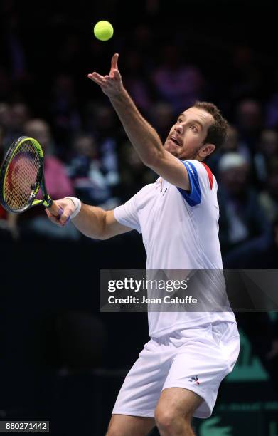 Richard Gasquet of France during the doubles match on day 2 of the Davis Cup World Group final between France and Belgium at Stade Pierre Mauroy on...