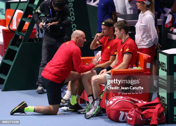 Captain of Belgium Johan Van Herck, Ruben Bemelmans, Joris De Loore of Belgium during the doubles match on day 2 of the Davis Cup World Group final...