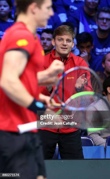 David Goffin of Belgium during the doubles match on day 2 of the Davis Cup World Group final between France and Belgium at Stade Pierre Mauroy on...