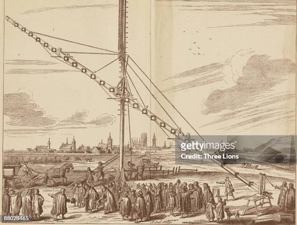 Johannes Hevelius , mayor of Danzig , demonstrates his 45m Keplerian telescope to a crowd of onlookers, 1670. Engraved by J. Saal after a drawing by...