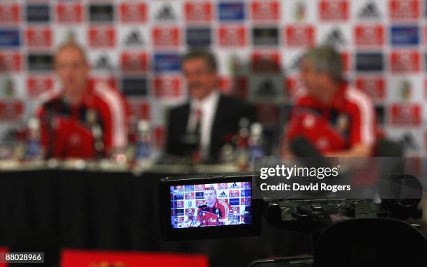 The Lions management team of Paul O'Connell, Lions captain, Gerald Davies, tour manager and Ian McGeechan head Coach face the media at the British...