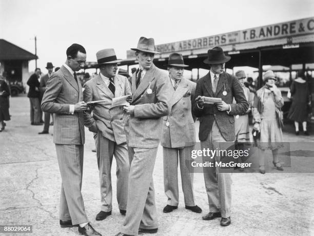 Group of men at a motor racing event at Brooklands, Surrey, 24th May 1926.
