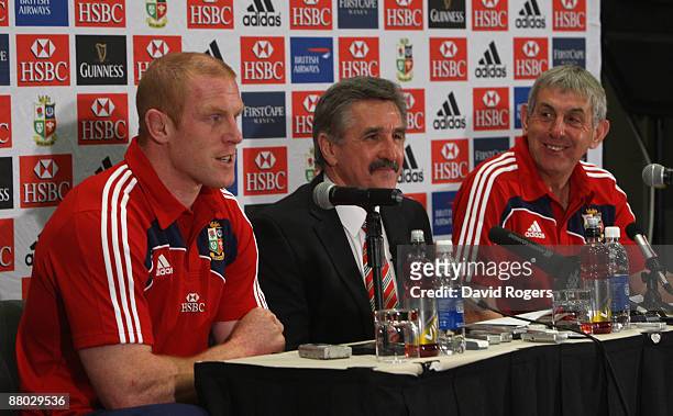 The Lions management team of Paul O'Connell, Lions captain, Gerald Davies, tour manager and Ian McGeechan head coach face the media at the British...