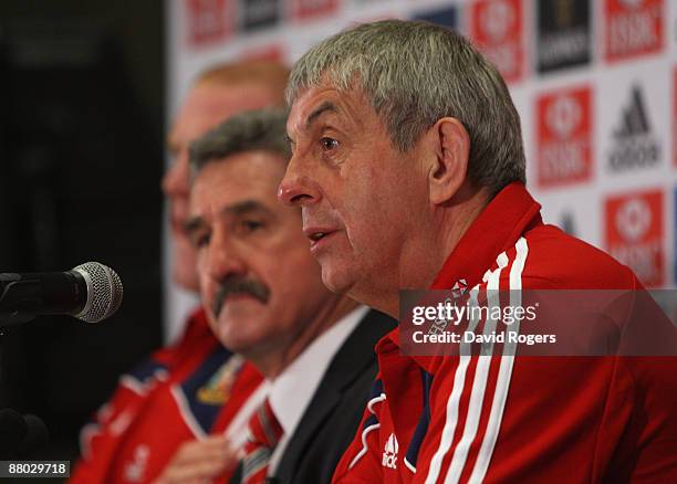 Ian McGeechan head coach watched by tour manager Gerald Davies face the media at the British and Irish Lions team annoucement for the first match of...