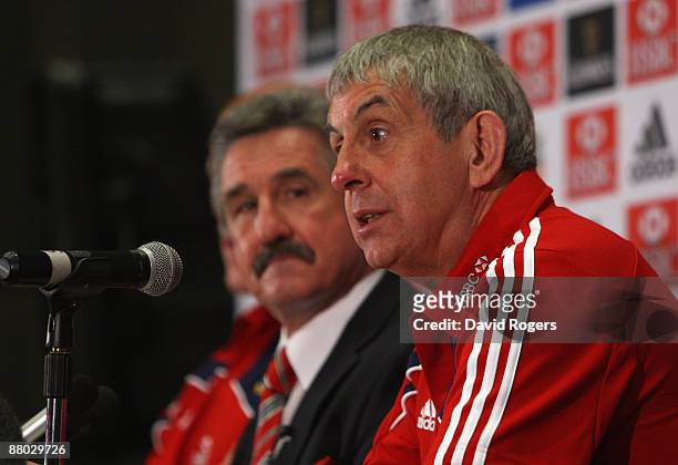 Ian McGeechan head coach watched by tour manager Gerald Davies face the media at the British and Irish Lions team annoucement for the first match of...