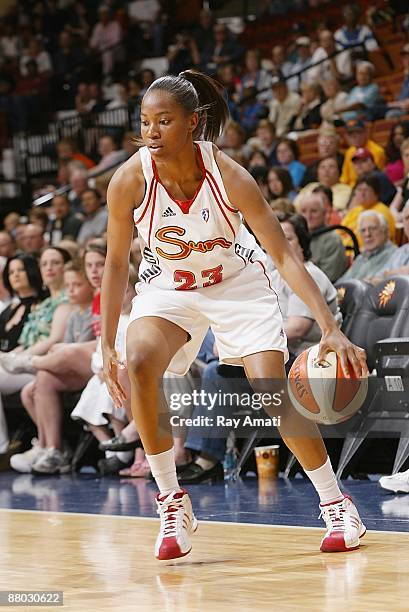 Ashley Hayes of the Connecticut Sun drives the ball to the basket during the WNBA preseason game against the New York Liberty on May 22, 2009 at...