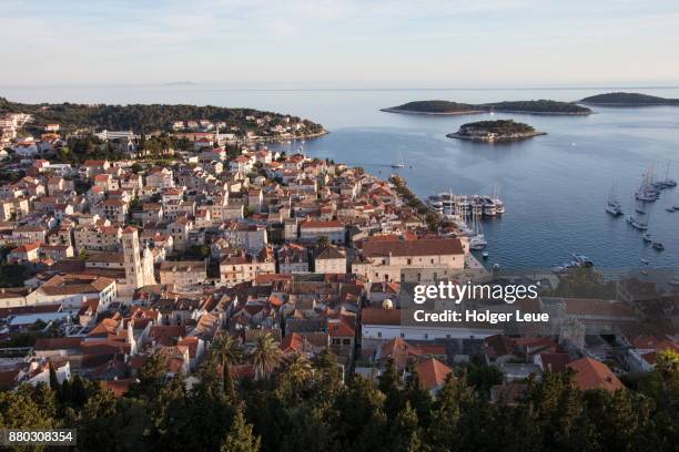 overhead of town and harbor from hvar castle, hvar, split-dalmatia, croatia - hvar town stock pictures, royalty-free photos & images