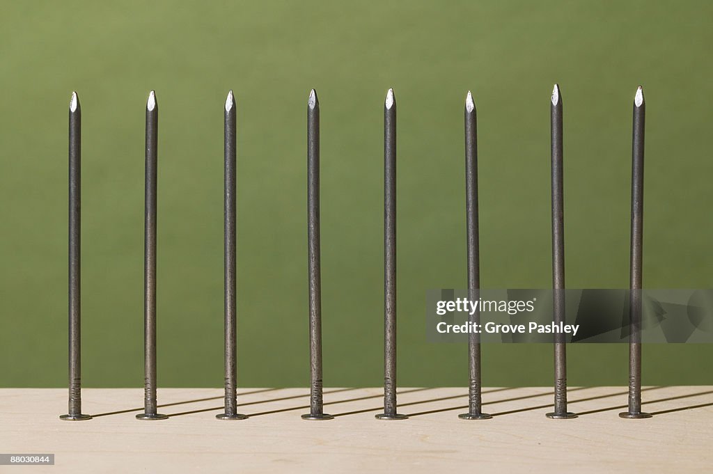 Row of nails stand on their heads