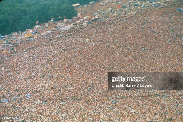 Aerial view of the massive crowd in attendance at the Woodstock Music and Arts Fair in Bethel, New York, August 15 - 17 , 1969.