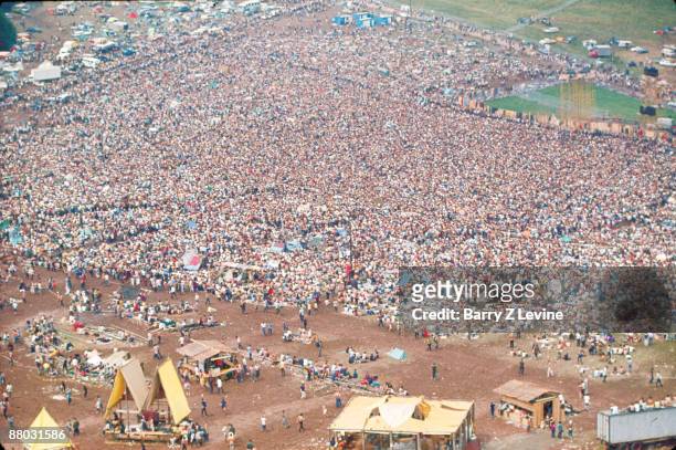 Aerial view of the massive crowd in attendance at the Woodstock Music and Arts Fair in Bethel, New York, August 15 - 17 , 1969.