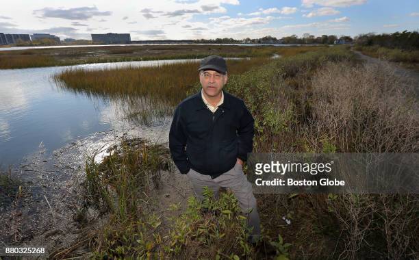 Michael McHugh, who makes maps of wetlands and assesses their health, poses for a portrait as he observes the plant community in the Neponset River...
