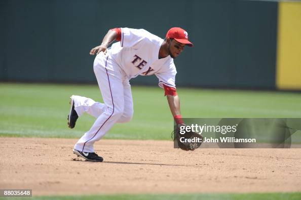 Texas Rangers Andrus Shortstop Elvis Andrus of the Texas Rangers fields his position as he ...