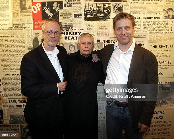 Beatles photographer Astrid Kirchherr , Ulf Krueger and Folkert Koopmanns pose at the Beatlemania exhibition opening on May 28, 2009 in Hamburg,...