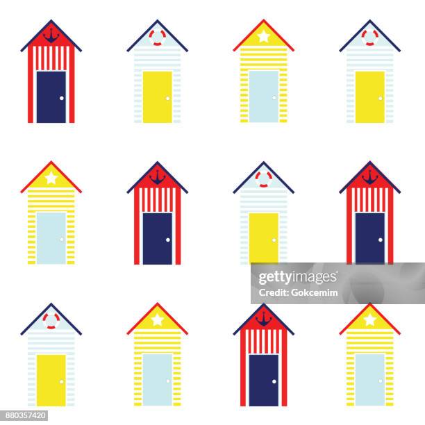 strand-hütte nahtlose muster - strandhütte stock-grafiken, -clipart, -cartoons und -symbole