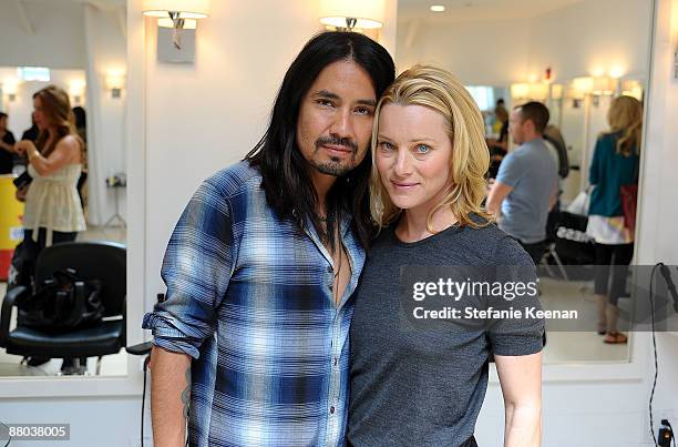 Stylist Cervando Maldonado and actress Angela Featherstone attend The Byron & Tracey Lounge held at Byron & Tracey Salon on May 28, 2009 in Beverly...