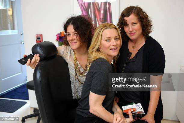 Stylist/owner Tracey Cunningham, actress Angela Featherstone and Covergirl makeup artist Molly R. Stern attend The Byron & Tracey Lounge held at...