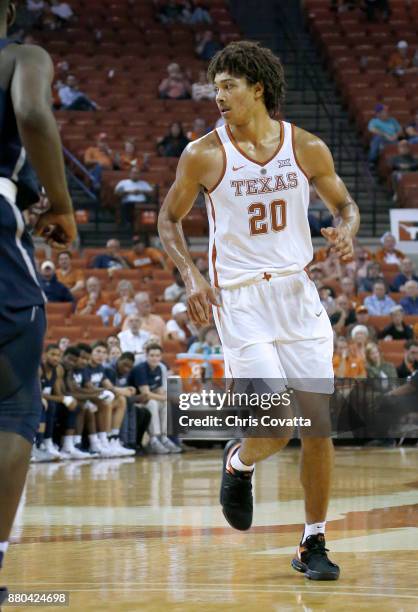 Jericho Sims of the Texas Longhorns moves on the court against the New Hampshire Wildcats at the Frank Erwin Center on November 14, 2017 in Austin,...
