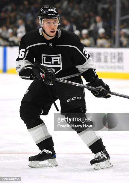 Jussi Jokinen of the Los Angeles Kings skates in to forecheck against the Boston Bruins at Staples Center on November 16, 2017 in Los Angeles,...
