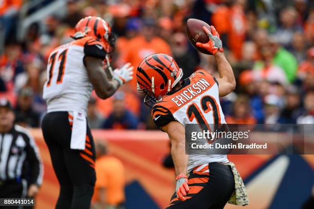 Wide receiver Alex Erickson of the Cincinnati Bengals celebrates with Brandon LaFell after 29 yard second quarter touchdown reception against the...