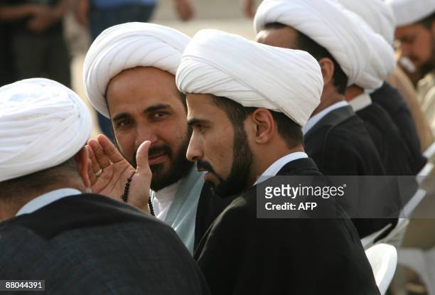 Iraqi clerics, tribal leaders and police gather at a meeting in Baghdad's Sadr City district on May 28, 2009. Radical Iraqi Shiite cleric Moqtada...