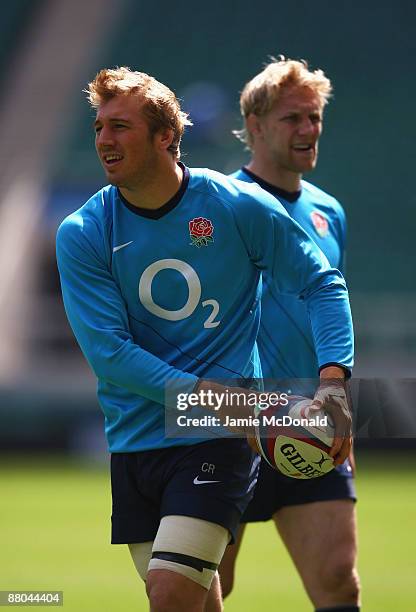 England's Chris Robshaw warms up during England rugby training, prior to tomorrows match against the Barbarians at Twickenham Stadium on May 29, 2009...