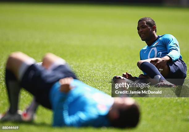 England's Delon Armitage warms up during England rugby training, prior to tomorrows match against the Barbarians at Twickenham Stadium on May 29,...