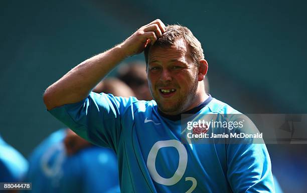 England's Steve Thompson looks on during England rugby training, prior to tomorrows match against the Barbarians at Twickenham Stadium on May 29,...