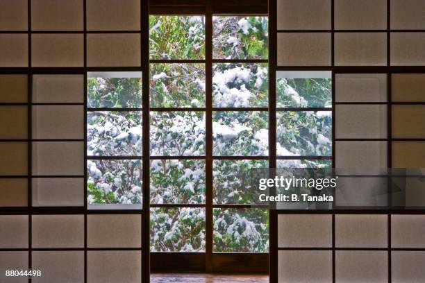 snowy garden and traditional japanese interior - washitsu stock pictures, royalty-free photos & images