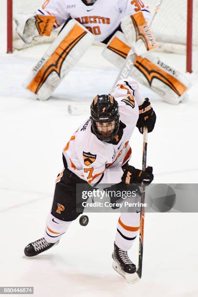 Liam Grande of the Princeton Tigers handles the puck against the Bemidji State Beavers during the first period at Hobey Baker Rink on November 24,...