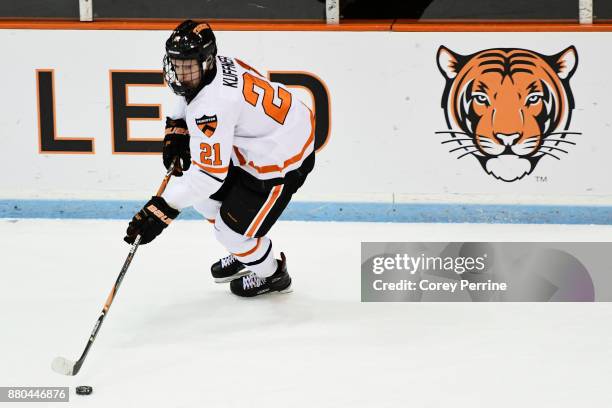 Ryan Kuffner of the Princeton Tigers skates with the puck against the Bemidji State Beavers during the first period at Hobey Baker Rink on November...