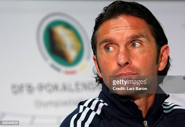 Headcoach Bruno Labbadia of Leverkusen looks on during a press conference prior to the German cup final at the Olympiastadion on May 29, 2009 in...