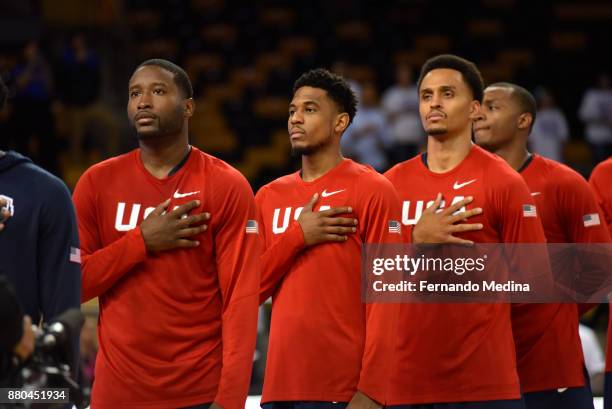 Donald Sloan of Team USA stands on the court for the National Anthem before the game against Puerto Rico during the FIBA World Cup America Qualifiers...