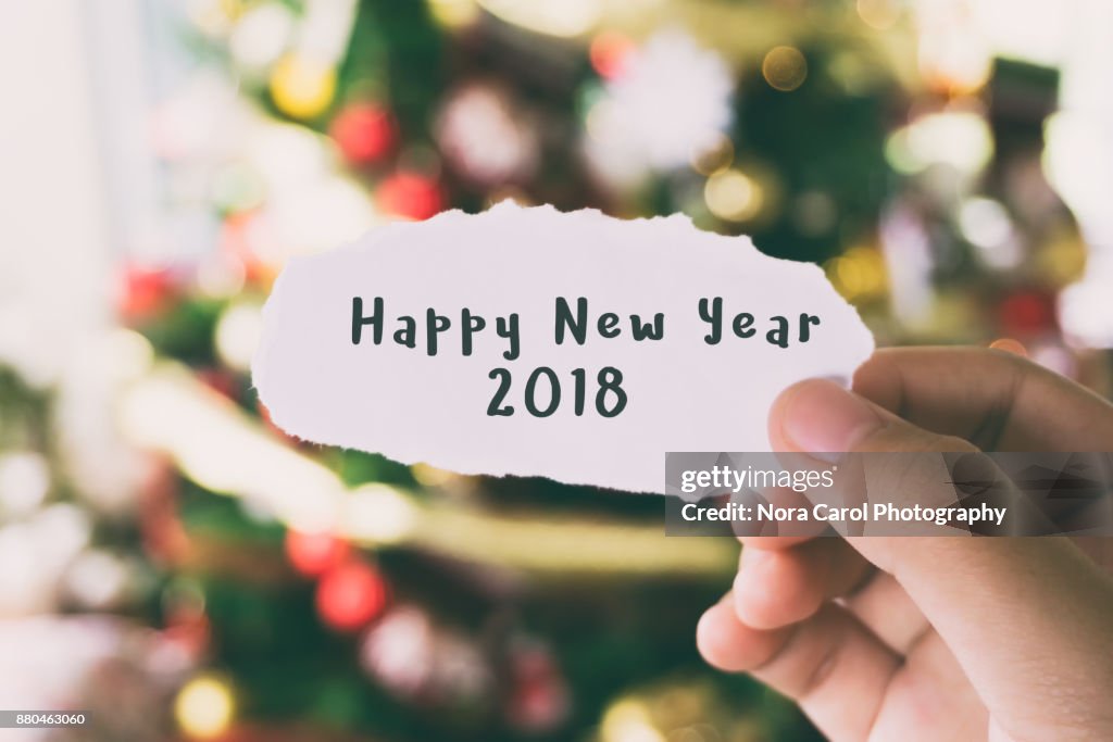 Hands Holding Piece of Paper With Word Happy New Year 2018 Christmas Tree Background