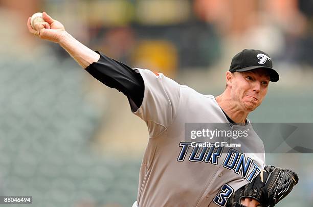 Roy Halladay of the Toronto Blue Jays pitches against the Baltimore Orioles at Camden Yards on May 27, 2009 in Baltimore, Maryland.