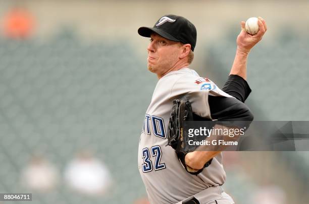 Roy Halladay of the Toronto Blue Jays pitches against the Baltimore Orioles at Camden Yards on May 27, 2009 in Baltimore, Maryland.