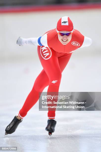 Karolina Gasecka of Poland performs during the Ladies 1500 Meter at the ISU Junior World Cup Speed Skating at Max Aicher Arena on November 26, 2017...