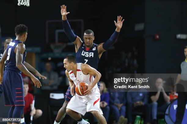 Jonathan Holmes of Team USA plays defense against Team Mexico during the FIBA World Cup America Qualifiers on November 20, 2017 at Greensboro...