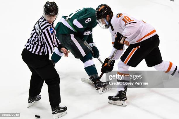 Brendan Harris of the Bemidji State Beavers and Jackson Cressey of the Princeton Tigers face off during the third period at Hobey Baker Rink on...