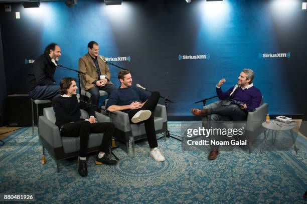 Luca Guadagnino, Timothee Chalamet, Michael Stuhlbarg and Armie Hammer speak with host Andy Cohen during a visit to the SiriusXM Studios on November...