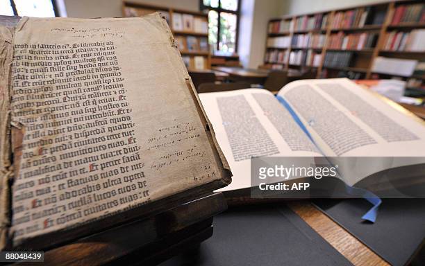Picture taken on May 29, 2009 in Colmar, northeastern France shows pages of the Gutenberg Bible discovered in a library by a library assistant, who...