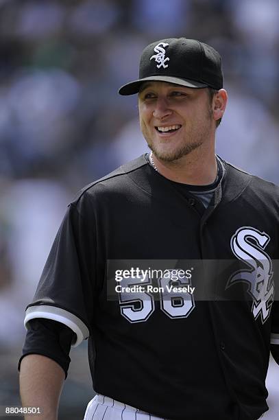 Mark Buehrle of the Chicago White Sox smiles after leaving the game with a lead against the Pittsburgh Pirates on May 24, 2009 at U.S. Cellular Field...