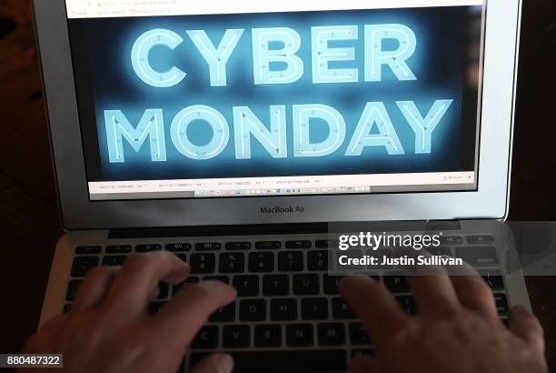 In this photo illustration, a Cyber Monday ad is displayed on a laptop computer on November 27, 2017 in San Anselmo, California. Cyber Monday will...
