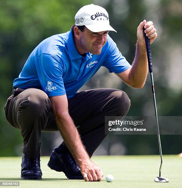 Len Mattiace lines up a putt on the 17th hole during the second round of the Rex Hospital Open Nationwide Tour golf tournament at the TPC Wakefield...