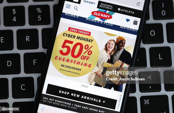 In this photo illustration, a Cyber Monday ad for Old Navy is displayed on an iPhone on November 27, 2017 in San Anselmo, California. Cyber Monday...